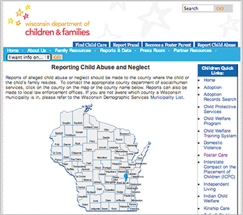 Snapshot of DCF county listing for reporting child abuse and neglect